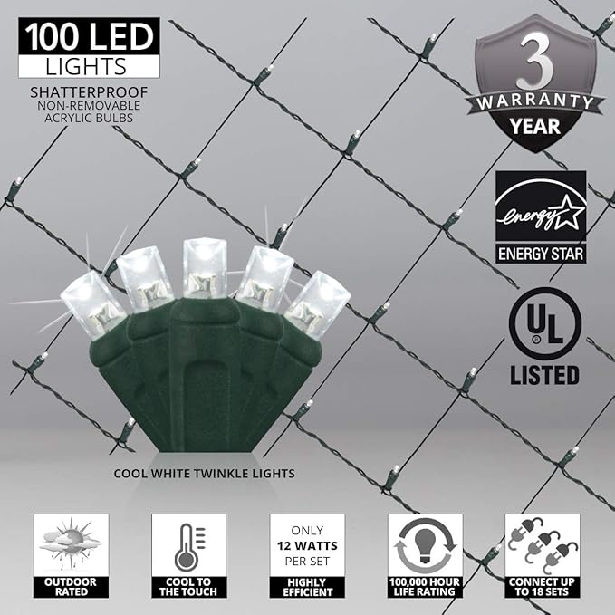 Wintergreen Lighting 100 5mm Cool White Twinkle LED Net Lights, 4 x 6 ft Green Wire Indoor/Outdoor Commercial Grade Holiday Hedge, Bush & Outdoor Christmas Décor