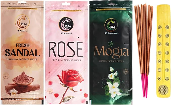 Hashcart Premium Incense Organic Sticks Gift Set of 3 Includes 200+ Sticks Fragrances, 110g Each Pack of Sandalwood, Rose, Mogra with 1 Assorted Incense Stick Holder with 45-50 Min Burn time