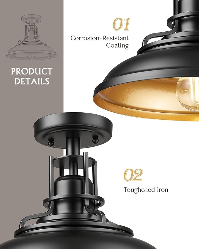FEMILA Industrial Semi Flush Mount Ceiling Light, Outdoor Flush Mount Porch Light in Matte Black & Gold, 12" Farmhouse Front Porch Ceiling Lighting Fixture for Entryway, Hallway, Kitchen, 4FY15-F BK-1