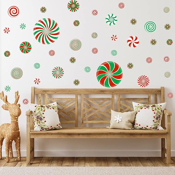 54 Pcs Christmas Candy Wall Decals Decorations Christmas Wall Stickers Peppermint Candy Floor Decals for Xmas Candyland Party Decorations