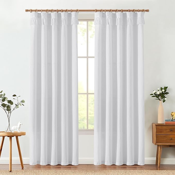 jinchan Linen Curtains for Living Room Bedroom Light Filtering Semi Sheer Curtains Boho Farmhouse French Country Cottage Core Decor Window Drapes Back Tab 90 Inch Length Tassel Off White