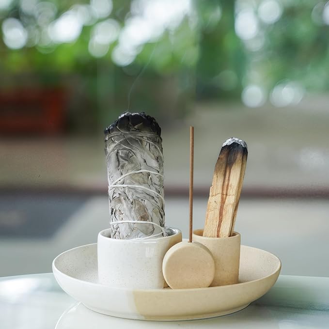 4 in 1 Incense Holder, Ceramic Incense Stick and Palo Santo Holder,Sage Holder for Burning- 5.5" Ceramic Ash Catcher Tray for Meditation and Yoga Room (Sun White Sand)