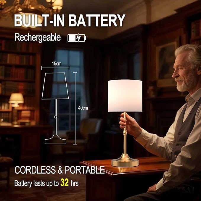 Cordless LED Table Lamp,Portables Fabric Shade Desk Lamps, Rechargeable Battery Powered Lighting, Dimmable Light for Dining Room, Bedroom, Bedside, Night Light, Balcony (Gold)