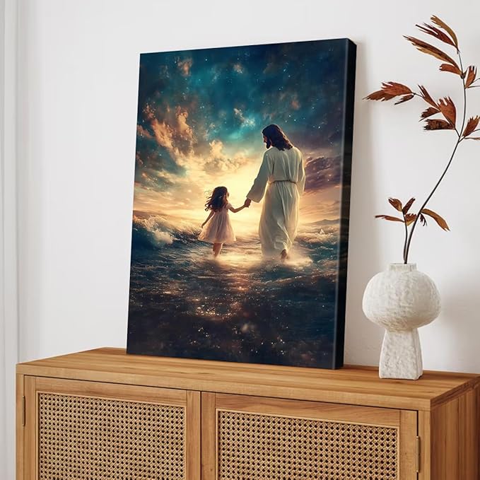 Eysintum Framed Jesus Wall Art Jesus with Girl Canvas Print Christian Faith Poster Inspirational Home Decor for Kids Room Nursery Living Room 24x36in Ready to Hang