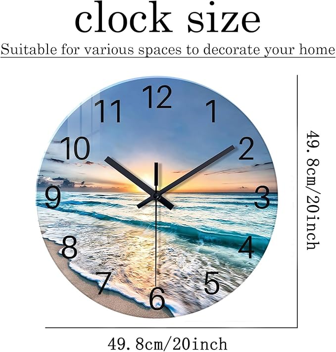 20 Inch Big Wall Clocks for Living Room Decor Analog Glass Wall Clock Non Ticking Beach Wall Clock Battery Operated