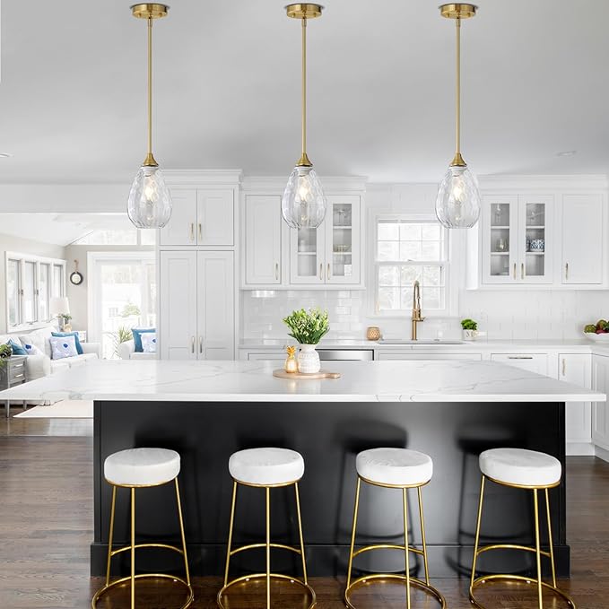 Brushed Gold Pendant Lights Kitchen Island 2 Pack, Modern Glass Pendant Light Fixtures with Hammered Glass and Rods, Adjustable Brass Hanging Light for Kitchen Sink Dining Room Bathroom