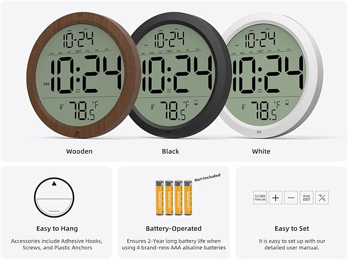 Digital Wall Clock with Date, Indoor Temperature, Auto-DST, Battery-Operated Digital Clock, 8 Inch Small Decorative Wall Clock for Bedroom, Living Room, Home, Kitchen, Office, Modern, Electric, Simple