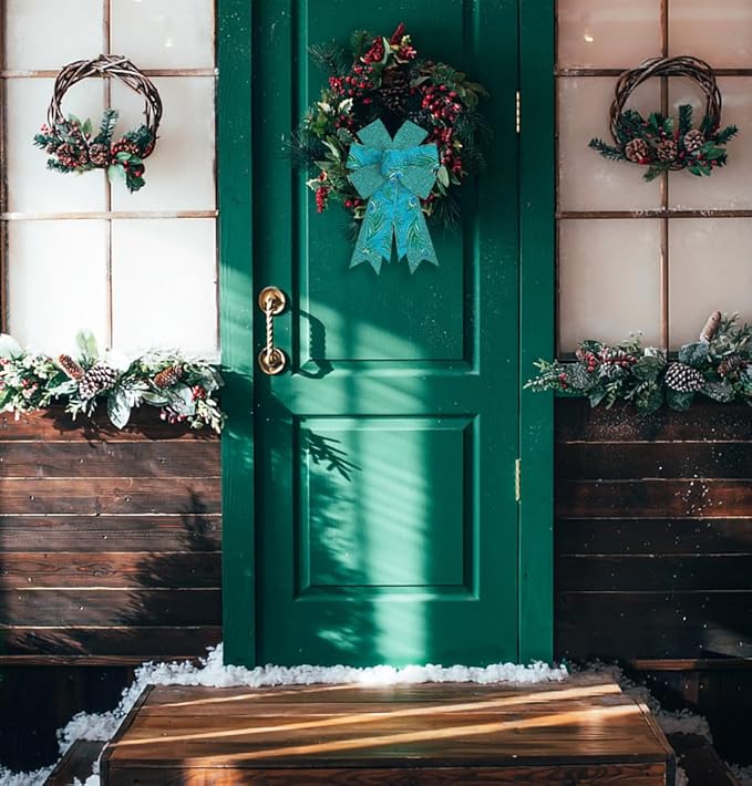 Peacock Bow for Wreath, Blue Green Glitter Peacock Wreath Bow for Christmas Decor, Front Door Indoor Outdoor Wall Tree Topper Decoration Supplies, Birthday Hanging Ornament
