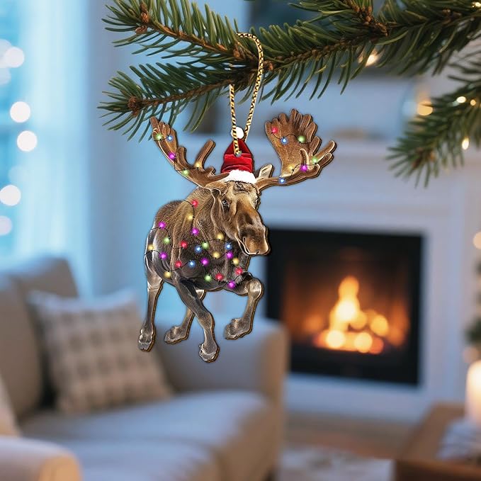 Moose Christmas Ornament - Wooden 2-Side Printed Elk Deer Hanging Ornament for Xmas Tree, Gifts for Moose Lovers