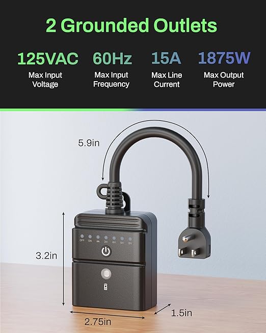 BN-LINK Outdoor Light Timer, Waterproof Plug-in Dusk-to-Dawn Controller with 2 Grounded Outlets for Christmas & Halloween String Lights, 15A 1/2HP, ETL Listed, 100 ft RF Range, Remote Included