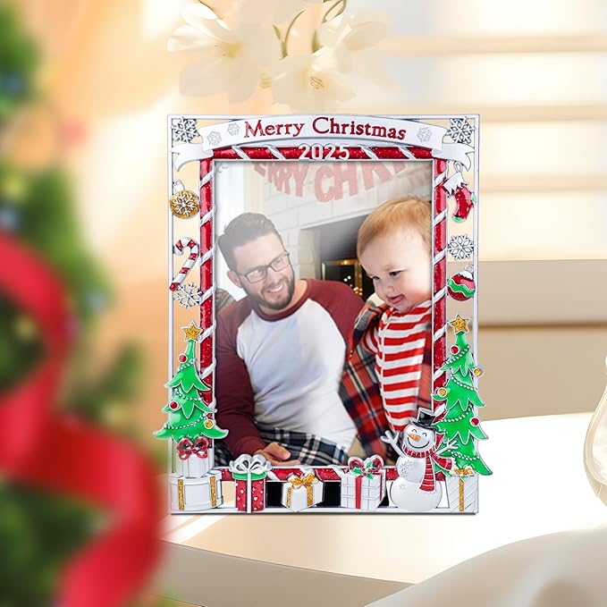 GUOER Picture Photo Frame 5x7 Inch Snowflake Christmas Metal Photo Display Photo Picture Frames with High Definition Glass Front Gift Ideas Tabletop Home Decorative (2025 Merry Christmas)