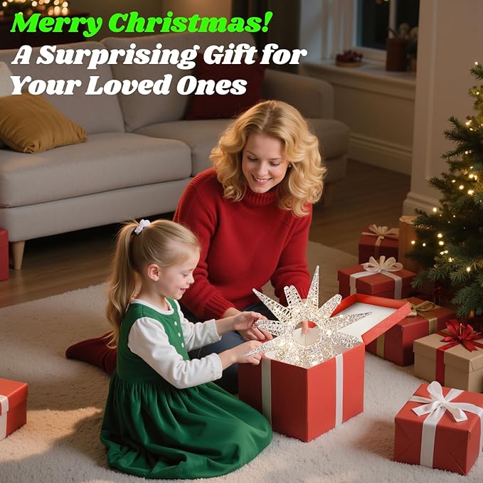 Lewondr Christmas Tree Topper, 14.17'' Metal Xmas Star Tree Topper with 30 LED Bulbs, USB Remote Control Glittered Sunflower Treetop, 6H Timer, 8 Light Modes Christmas Decorations for Home, Silver