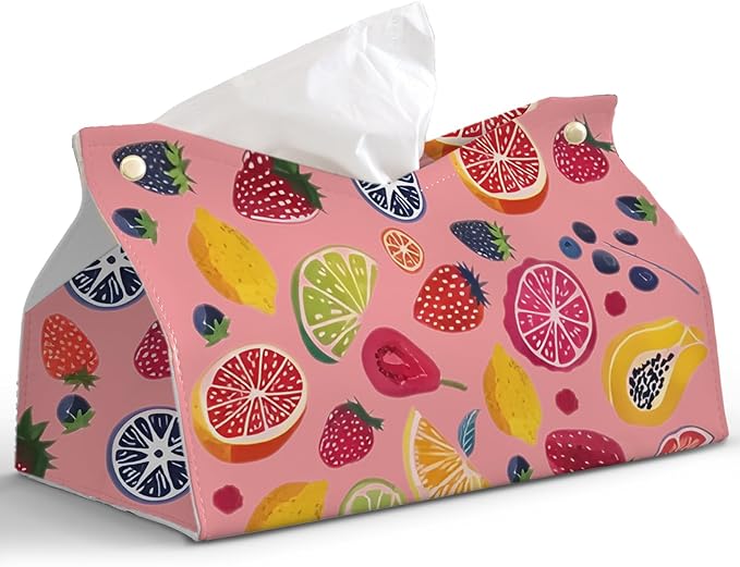 Pink Cute Fruit Tissue Box Cover Rectangle,Pink Cottagecore Strawberry Toilet Paper Box Holder,Leather Decorative Facial Paper Case for Living Room Bathroom Kitchen Office Desk,9.8x5.9x5.9In