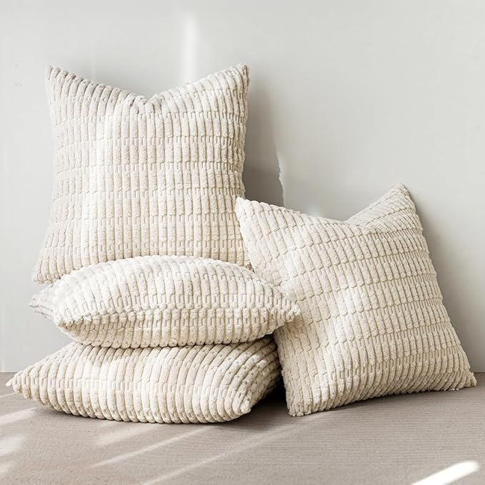 MIULEE Pack of 4 Cream White Corduroy Decorative Throw Pillow Covers 16x16 Inch Soft Boho Striped Pillow Covers Modern Farmhouse Home Decor for Sofa Living Room Couch Bed