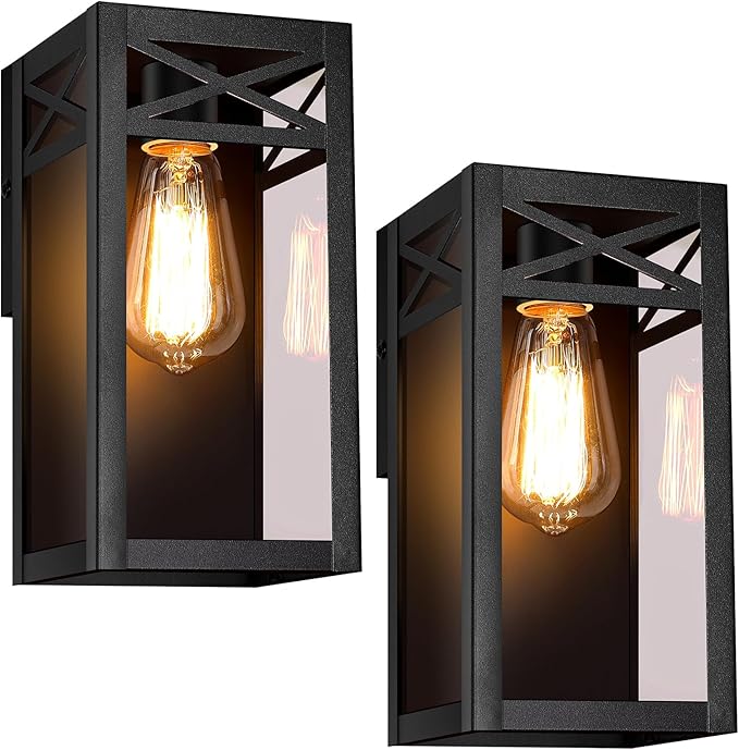 Outdoor Wall Light Fixtures, Exterior Waterproof Lanterns, Black Porch Lights with Glass Shade, Sconces Wall Mount Lighting with E26 Socket, Anti-Rust Wall Lamps for Patio Front Door Entryway, 2-Pack