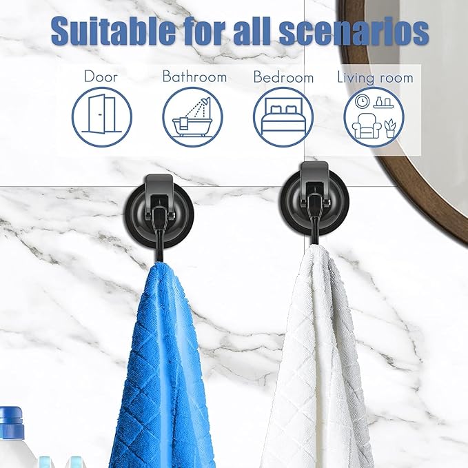 Suction Cup Hooks for Shower, Bathroom, Kitchen, Glass Door, Mirror, Tile – Loofah, Towel, Coat, Bath Robe Hook Holder for Hanging – Waterproof & Rustproof (2, Silver Plated)
