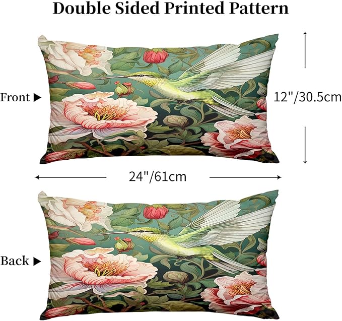 William Morris Pillow Protectors with Zipper Standard Size Hummingbird Print Pillow Covers Set of 2 Vintage Spring Floral Botanical Pillowcases Mid Century Modern Bed Pillow Covers 24"X12"