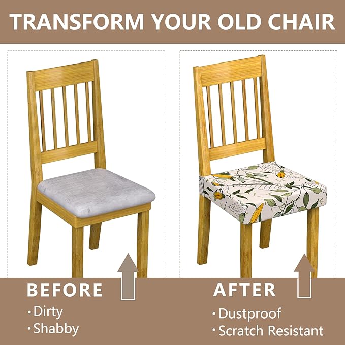 Stretch Dining Chair Seat Covers Set of 6,Dining Chair Slipcovers, Floral Printed Chair Covers,Soft Fabric Washable Upholstered Chair Seat Protector, No Rear Covers for Home Kitchen Dining Room