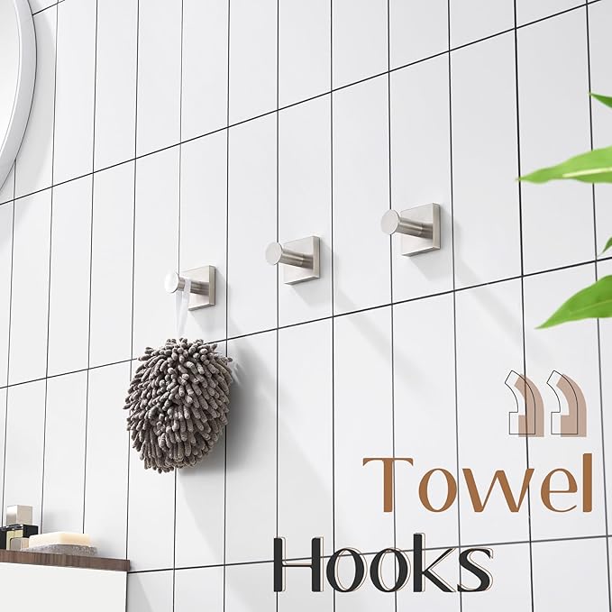 KOKOSIRI Bathrobe Hooks for Bathrooms Wall Mount Brushed Nickel Hand Towel Hook Holder for Shower Bathroom Hardware Stainless Steel 3 Pack, B1016BR-P3
