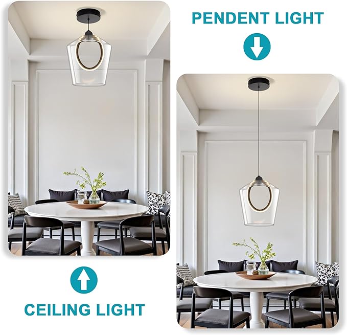 Modern Glass Pendant Lighting for Kitchen Island 1 Pack, Black LED Pendant Light Fixtures 3000K, Adjustable Hanging Ceiling Light, Angled Clear Glass Shades 8 Inch