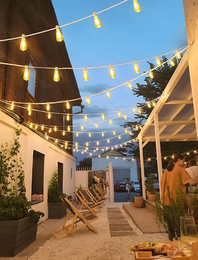 96FT(2x48FT) Solar Outdoor String Lights with Remote & Timer, Waterproof Dimmable Patio Lights with 30+2 ST38 LED Bulbs for Garden Deck-White