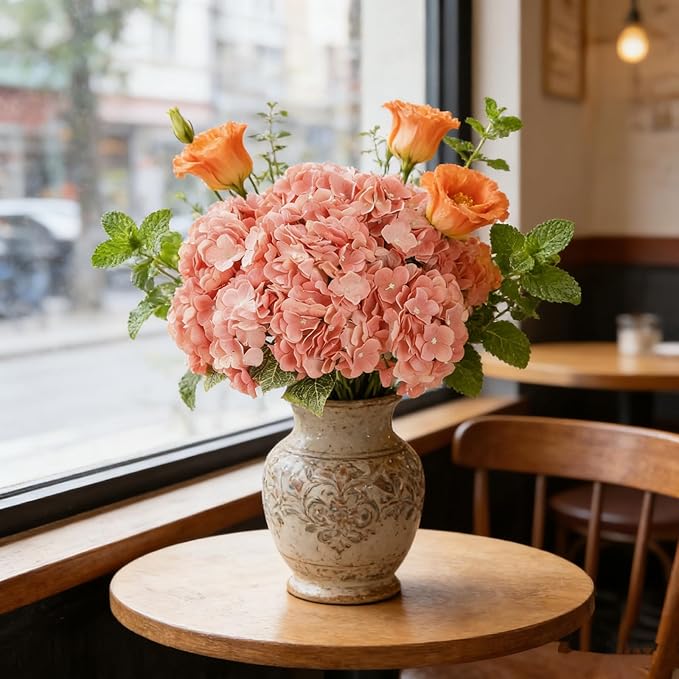 Kimura's Cabin 2Bouquets Fake Hydrangea Flowers Vintage Artificial Silk Hydrangeas Flower 10Heads Faux Floral for Home Table Centerpieces Wedding Party Decoration(Watermelon Pink)
