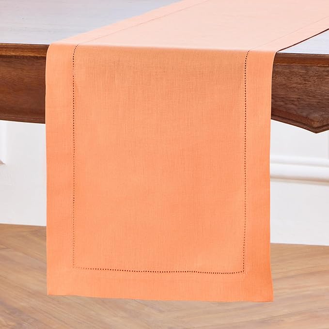 Solino Home Linen Coral Hemstitch Table Runner 60 Inches - 100% Pure Linen Small Table Runner 14 x 60 Inch Ideal for Dresser and Coffee Tables, Valentines, Spring, Easter - Classic Hemstitch