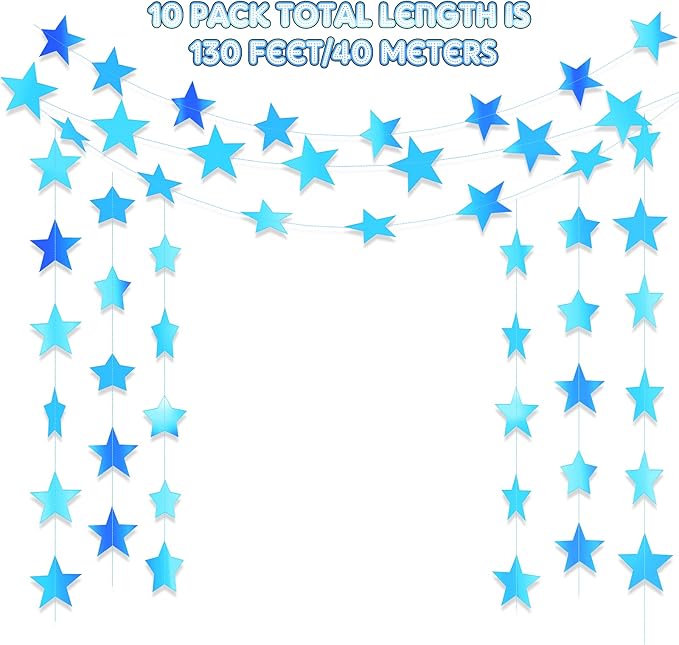 Patelai Glitter Star Garland Banner 2026 New Years Decor 130 Feet Star Hanging Banner Twinkle Backdrop for Birthday Classroom Wedding Christmas Party Supplies(Holographic Blue)