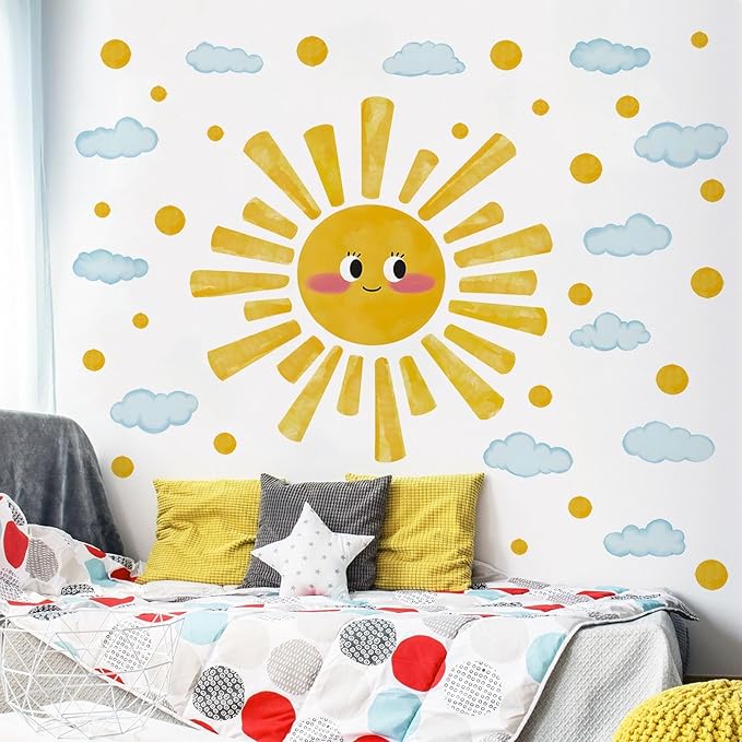 Large Sun Wall Decals Watercolor Cloudy Wall Stickers for Kids Room, Smile Sun Polka Dots Clouds Wall Decor Stickers Peel and Stick Art Murals Decorations for Nursery Classroom Bedroom