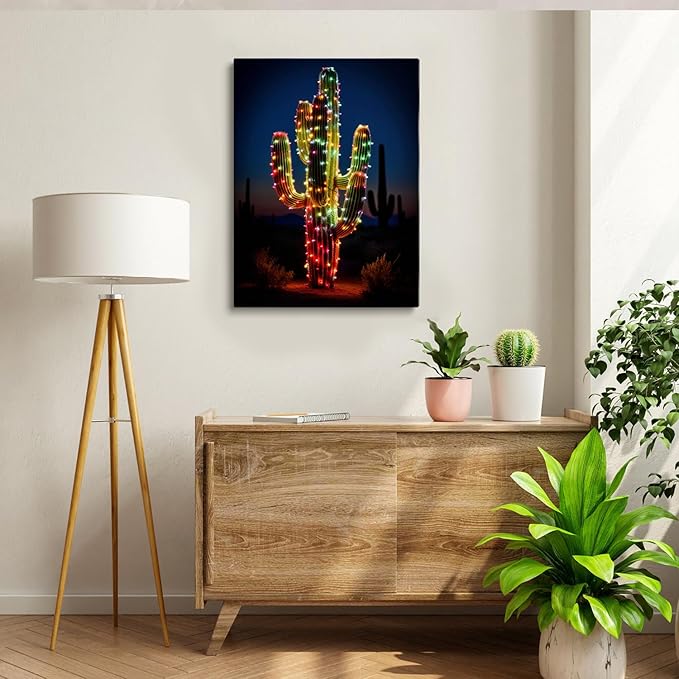 Christmas Cactus Canvas Wall Art Print, Southwestern Decor, Holiday Desert Art for Bedroom, Living Room, Apartment, Office - 24x36 Inch Framed