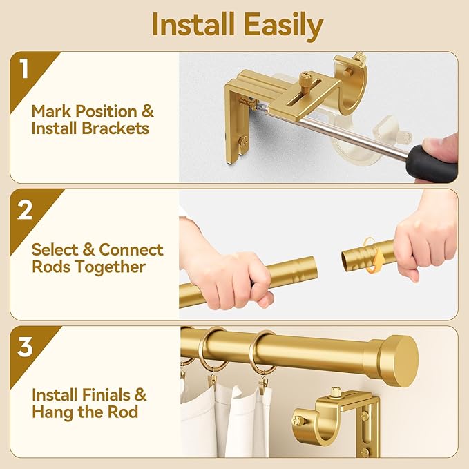 YaFex Curtain Rods 2 Pack 32-144 Inch, Heavy Duty 1 Inch Curtain Rod, Gold Extra Long Adjustable Window Treatment Rods, Modern Design, Easy Installation