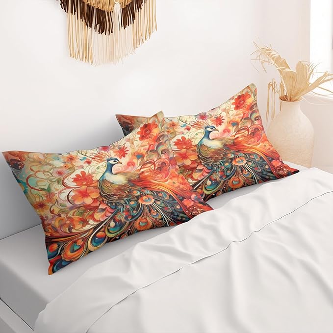 Peacock Pillow Protectors with Zipper Standard Size Coquette Bird Animal Pillow Covers Set of 2 Boho Floral Pillowcases Vintage Chinoiserie Colorful Flowers Bed Pillow Covers 30"X20"