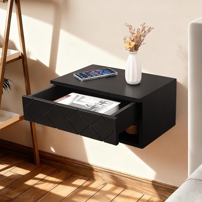 Floating Nightstand, Small Modern Floating Nightstand with Drawer, Floating Shelves for Bedroom, Bathroom Minimalist and Unique Style 16”x 10”x 8”Black