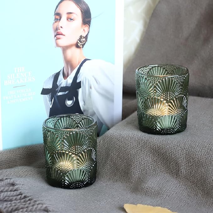 Woho Green Votive Candle Holders Set of 12, Green Glass Tealight Candle Holder for Wedding Party Table Centerpiece, Tea Lights Candle Holder Vintage for Fall Thanksgiving Christmas Decor