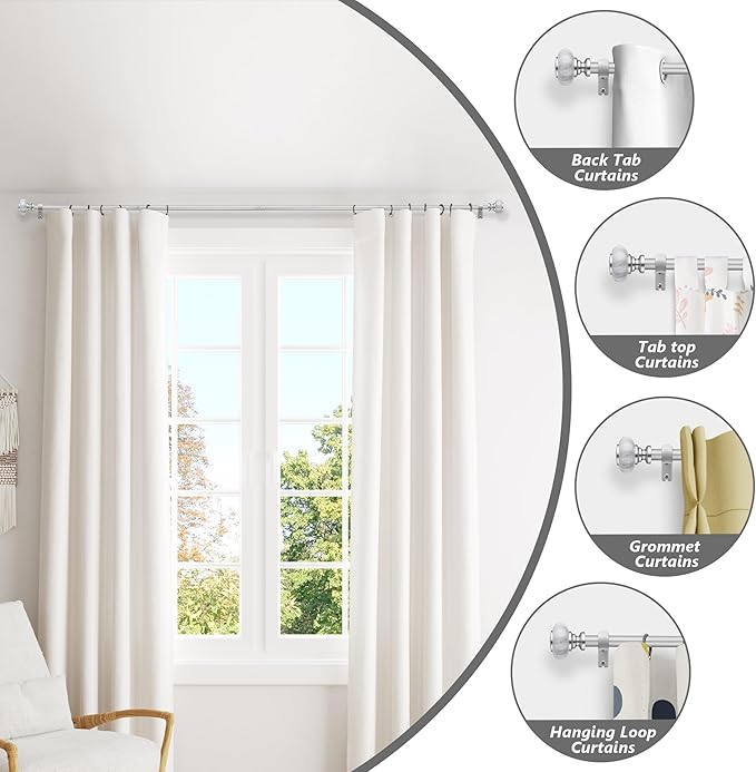 Silver Curtain Rods for Windows 48 to 84 Inches,Adjustable 1 Inch Heavy Duty Drapery Curtain Rods with Marbled Finials for Bedroom,Living Room