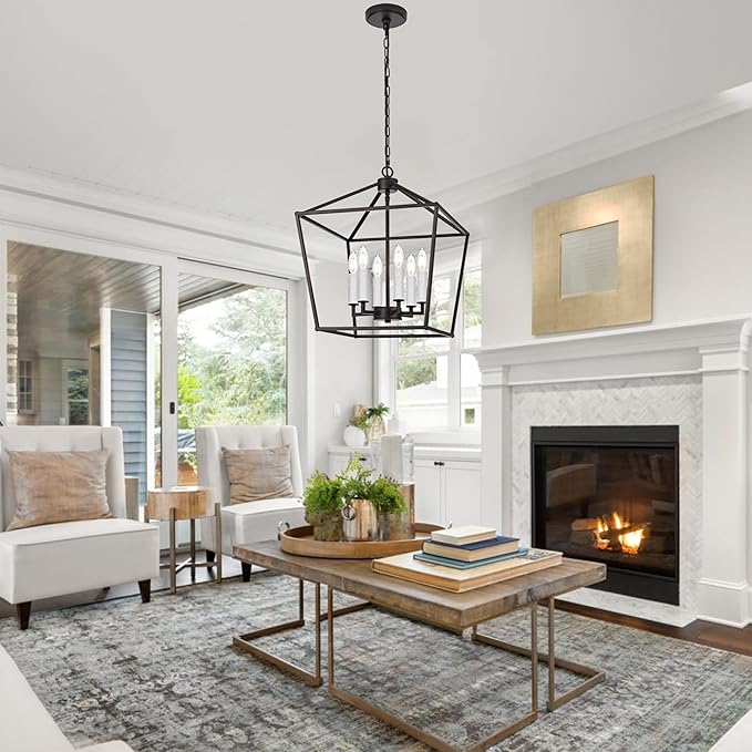 MELUCEE Vintage Lantern Pendant Light 6 Light Industrial Cage Chandelier with E12 White Candle-shaped Base Oil Rubbed Bronze Rustic Geometric Hanging Light Fixture for Kitchen Island Foyer Dining Room