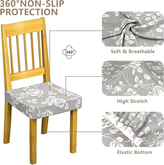 Stretch Dining Chair Seat Covers Set of 6,Dining Chair Slipcovers, Floral Printed Chair Covers,Soft Fabric Washable Upholstered Chair Seat Protector, No Rear Covers for Home Kitchen Dining Room