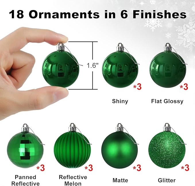 Emerald Green 1.6" Small Christmas Balls Christmas Tree Decoration Ornaments Shatterproof Hanging Balls for Birthday Halloween Holiday Wedding Decorations Set of 18pcs