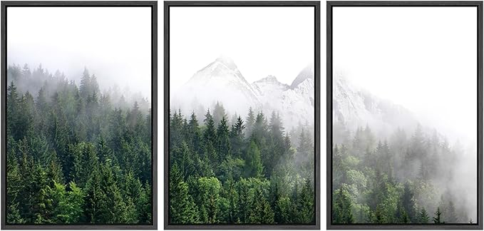 SIGNWIN Framed Canvas Print Wall Art Set Winter Mountain Misty Forest View Nature Wilderness Photography Modern Art Rustic Landscape Relax/Calm for Living Room, Bedroom, Office - 24"x36"x3 Black