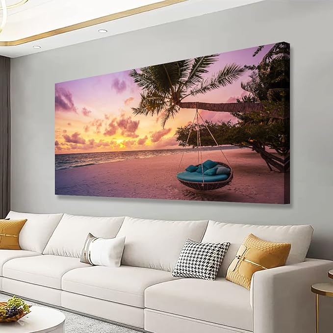 Purple Beach Palm Pictures Canvas Wall Art For Living Room Bedroom Wall Decor,Sunset Wall Art Print Paitnings For Home Decor,Morden Artwork Coconut Tree Canvas Art Ready To Hang-28x57 Inches