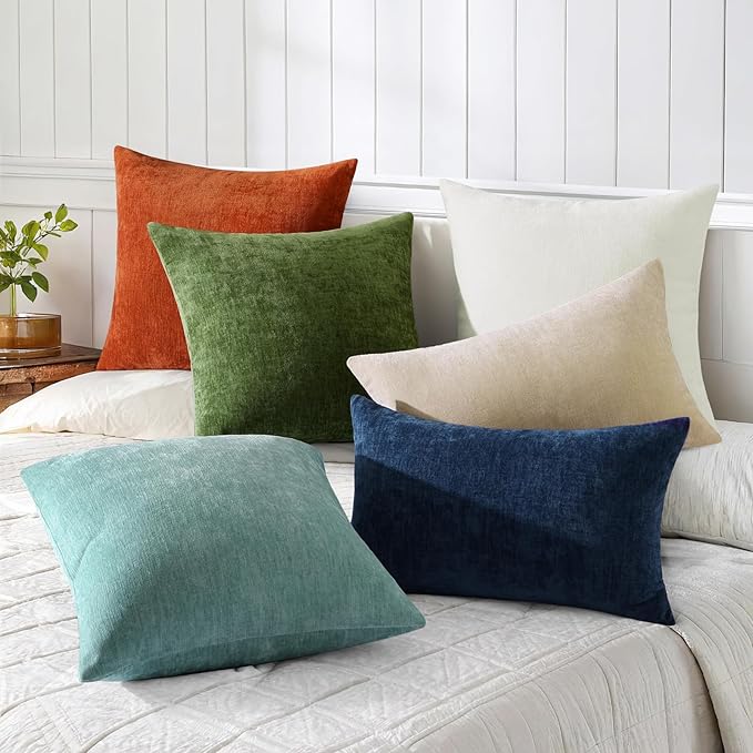 decorUhome Chenille Beige Christmas Throw Pillow Covers 24x24 Inch Set of 2, Decorative Soft Couch Pillow Covers Solid Dyed Accent Farmhouse Neutral Square Pillow Cases for Sofa