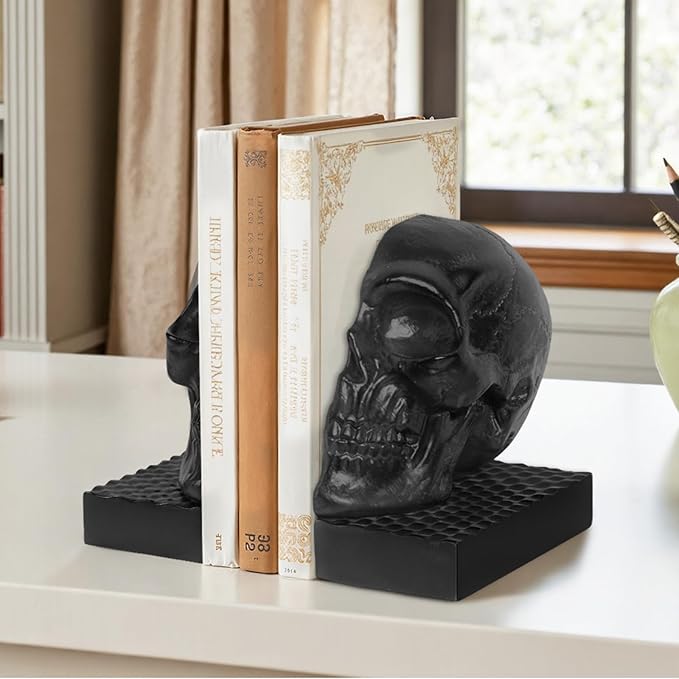 Skull Book Ends, Decorative Bookends for Shelves, Antique Gothic Style Skull Bookend Design Resin Skeleton Human Head Statue Halloween Décor (Black)