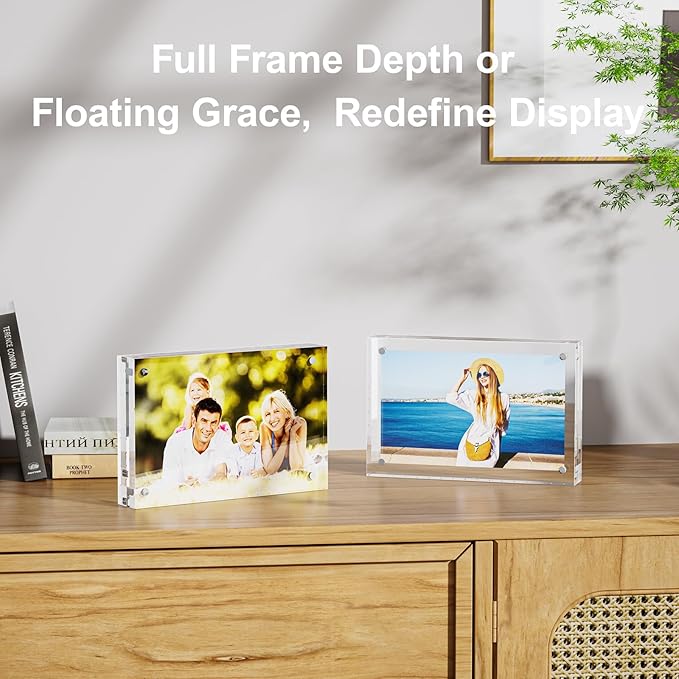5 Pack 4x6 Acrylic Picture Frames - 20% Thicker Double Sided Magnetic Frame with UV Protection - Freestanding Clear Frameless Display for Tabletops - Modern Photo Frame Set for Home & Office Decor