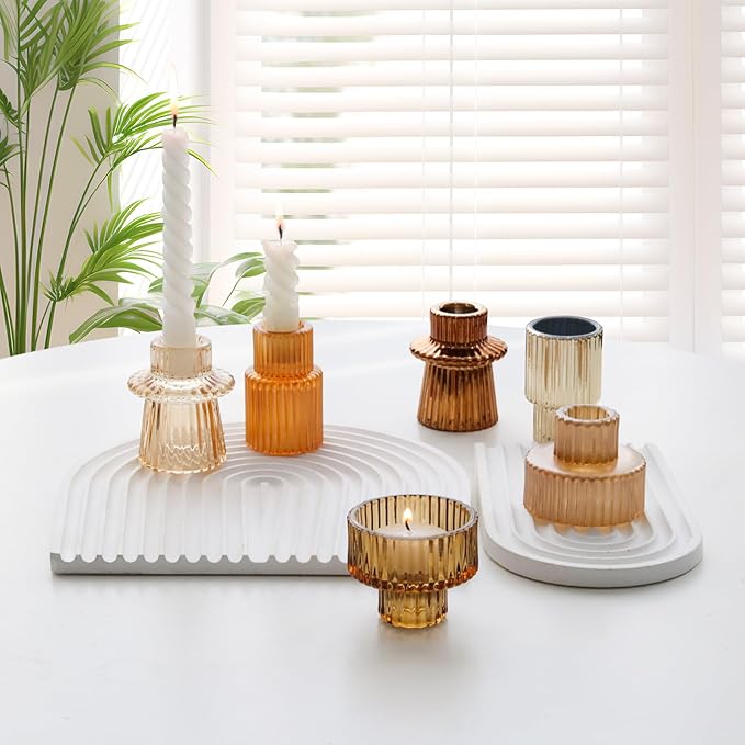 Gold Candlestick Holders 12PCS Ribbed Glass Taper Candle Holders Set for Tealight Candlestick Candles, Table Centerpieces for Thanksgiving Christmas Farmhouse Decor Indoor and Outdoor
