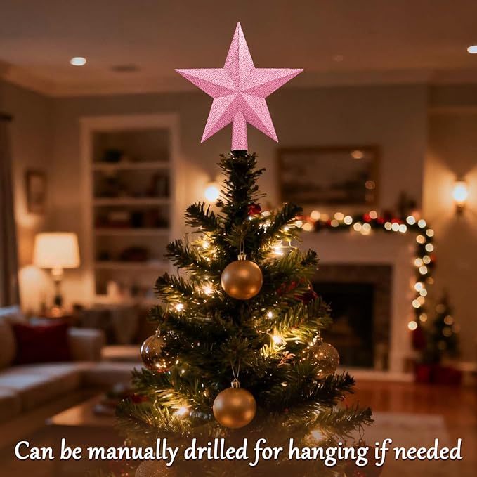 Christmas Tree Topper 10 Inch,Glitter Christmas Ornaments Star Xmas Decoration on Tree for Holiday Ornament or Home Decor(Pink)