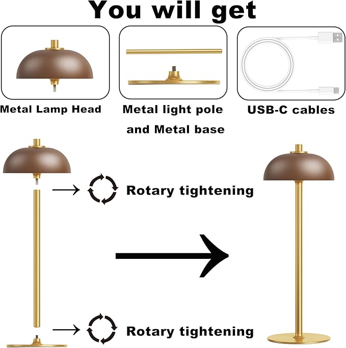 2 Pack LED Cordless Table Lamp Rechargeable,5000mAh Battery Operated Table Lamp, 3 Color Stepless Dimming Metal Table Light with Memory Function for Outdoor, Dinner, Patio, Home.(Brown)