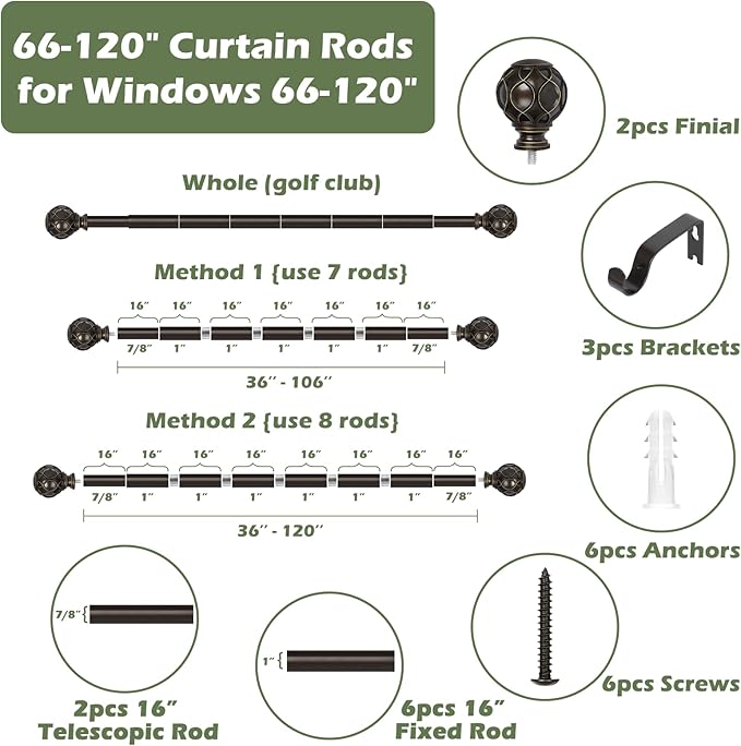 Bronze Curtain Rods for Windows:Farmhouse Boho Decorative Curtain Rod for Bedroom Living Room,Heavy Duty Adjustable Rustic Drapery Rods Set with Vintage Coastal Finials,Antique Bronze 66-120"
