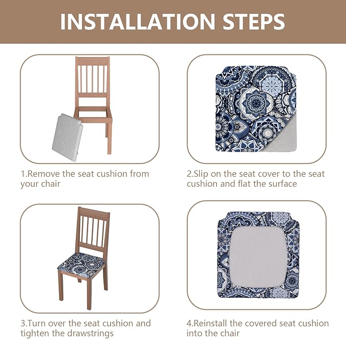 Stretch Dining Chair Seat Covers Set of 2,Dining Chair Slipcovers, Floral Printed Chair Covers,Soft Fabric Washable Upholstered Chair Seat Protector, No Rear Covers for Home Kitchen Dining Room