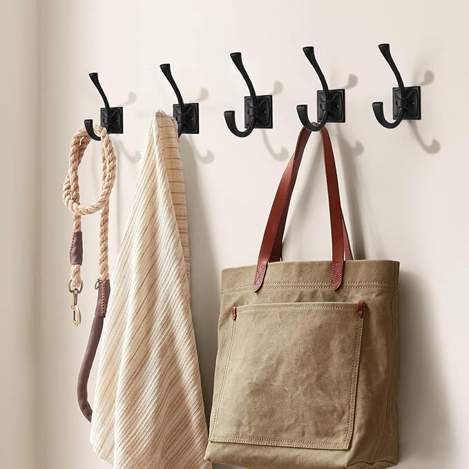 Large Wall Hooks 10 Pack Matte Black Coat Hooks Hardware Towel Hooks for Hanging Coats 4.35 Inch Double Robe Hooks Wall Mounted with Screws for Key, Towel, Bags, Cup, Hat