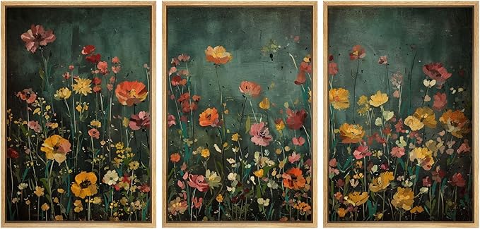 MUDECOR Framed Wall Art Print Set Vintage Wildflower Meadow with Colorful Blooms Illustrations Modern Art Boho Decorative Colorful Chic for Living Room, Bedroom, Office - 24"x36"x3 Natural